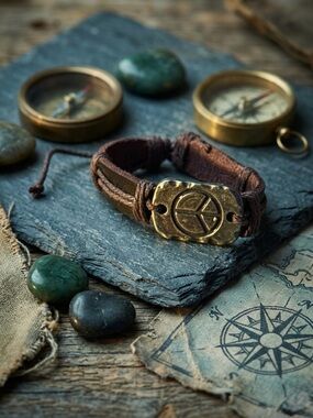 Hand Crafted brown leather bracelet with brass peace charm